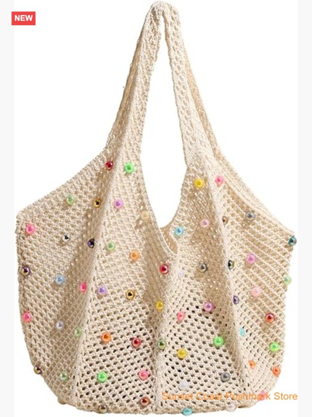 Boho Crochet Beach Tote Shoulder Bag with Colored Beads Knit Hippie Bag